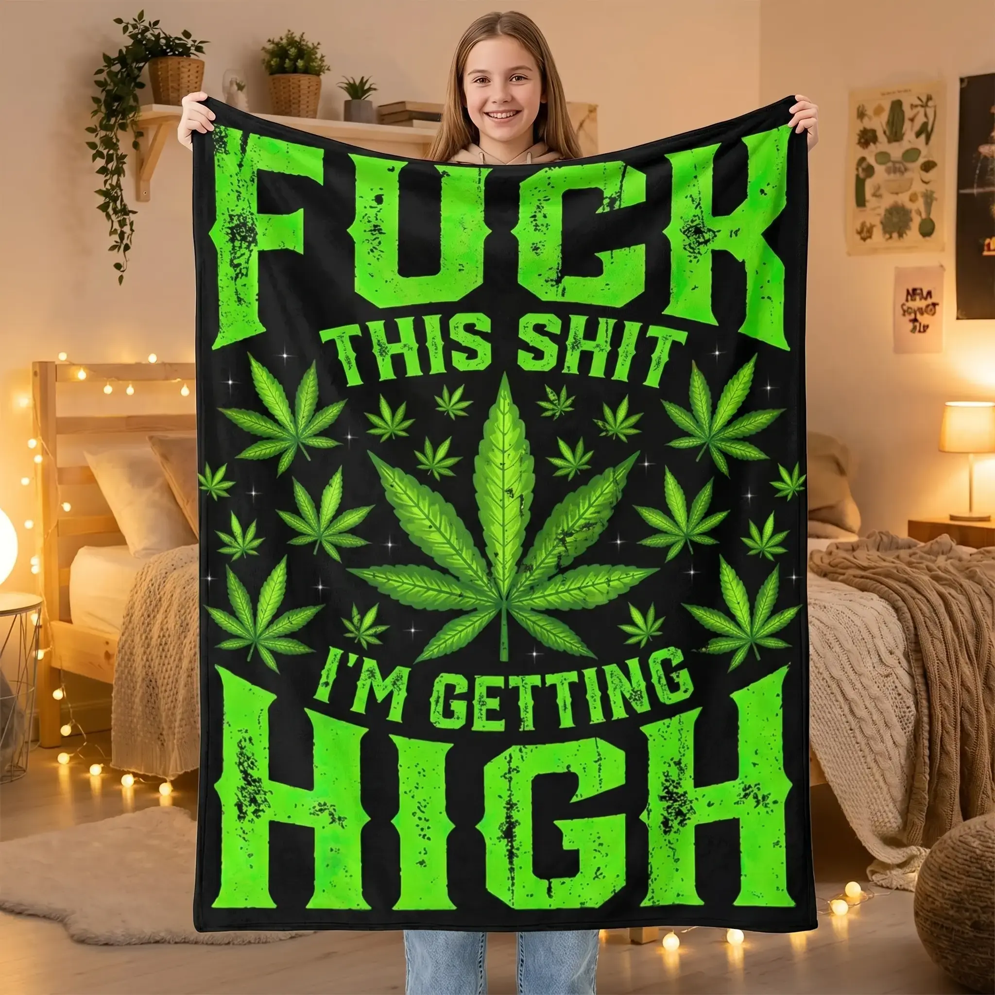 Fuck This Shit I'm Getting High Graphic Marijuana 420 Stoner Blanket Gift for Girls Boys Women Super Soft Flannel Blanket for Sofa Couch Bed Camping Travel Plush Warm Home Decor for All Seasons  Warm Haven Textiles