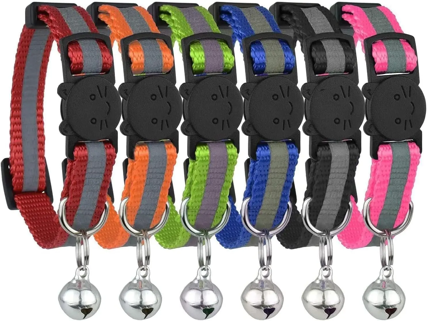Reflective Cat Collar with Bell, Set of 6, Solid & Safe Collars for Cats, Nylon, Mixed Colors, Pet Collar, Breakaway Cat Collar