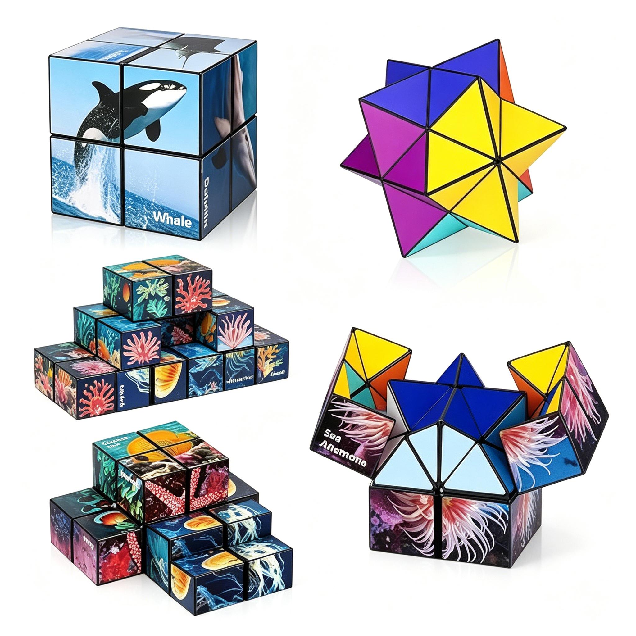 2 in 1 Star Magic Cube Set, Infinity Transforming Cube, 3D Puzzle Brain Teaser Toy, Stress Relief Fidget Toy for Kids 8-12 & Adults