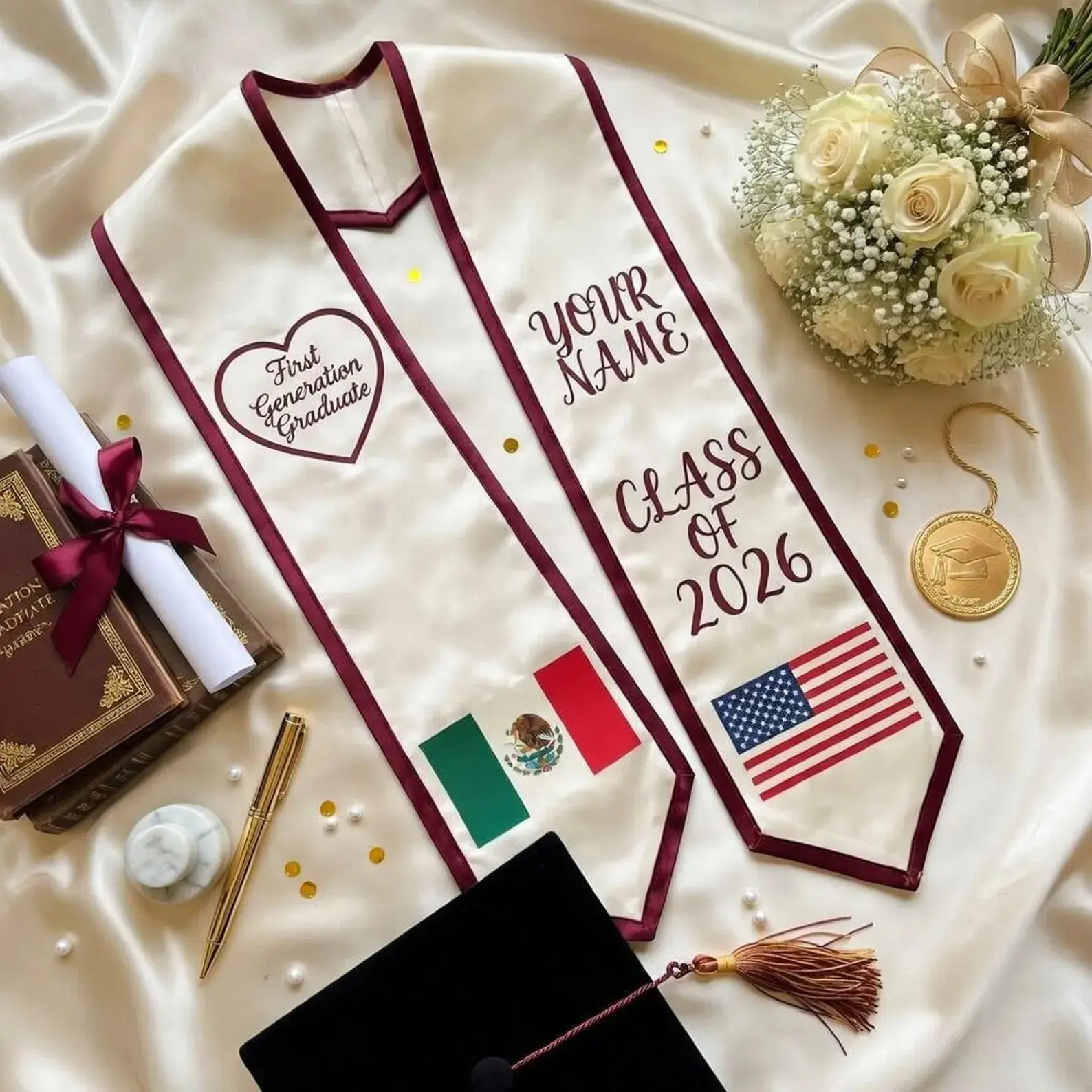 Personalized Dual Flag Graduation Stole 2026 – Two Flags Sash & First Generation Grad Gift & Cultural Heritage Design