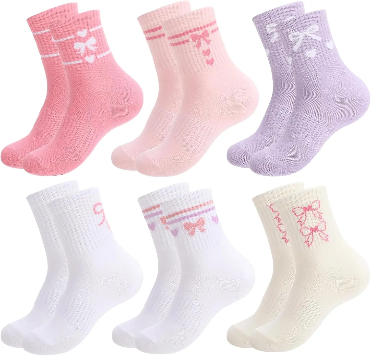 6 Pairs Cute Bow Socks for Girls Pink Kids Cotton Crew Socks | 6 Pairs Soft Athletic Socks for Kids, Flexible Ribbed Cuffs and Stretchy Material, Colorful Casual Sport Sock for School