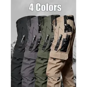 Men's durable outdoor training pants, men's multi-pocket work pants, men's solid color and  printed pocket zipper waterproof tactical cargo pants without belt, regular fit sports pocket durable autumn pants.Gift