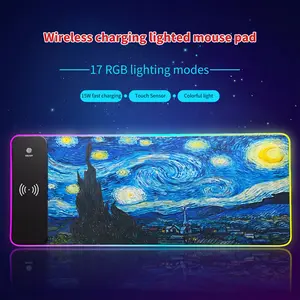 RGB Gaming Mouse Pad with Wireless Charging, Large Keyboard Mouse Pad with 17 LED Light Modes, Non-Slip Rubber Base Waterproof Desk Pad for Home Office Decor, Blue Meteor Starry Sky