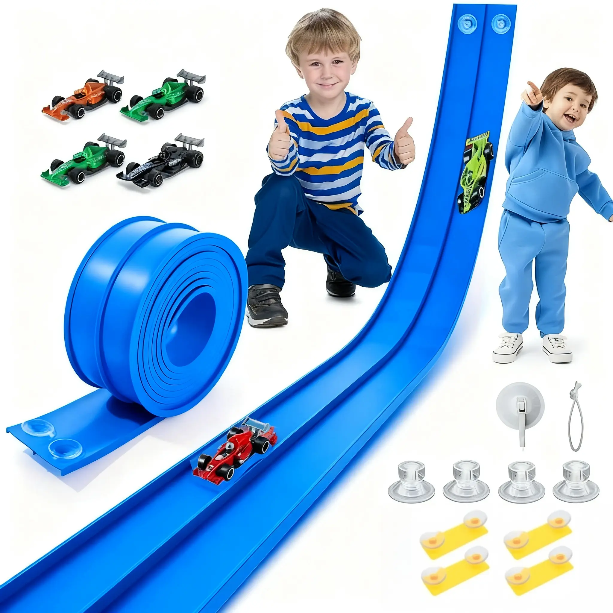 1 Blue track + 4 cars +12 suction cups + 1 hook