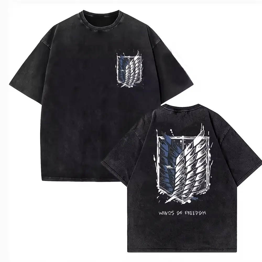 Men's High-Quality Cotton Attack on Titan Crew Neck Short-Sleeve T-Shirt - Vintage Washed Graphic Print, Mikasa Ackerman, Eren Jaeger, Titan Wings, Fitted Cut, Personalized, Retro Classic, All Seasons Menswear, Sporty Chic, 2XL, 3XL, Multi-Size Casual Top