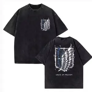 Attack on Titan Vintage Washed Print T-shirt Mikasa Ackerman Eren Jaeger Wings of Freedom Mens High Quality Cotton T-shirts1