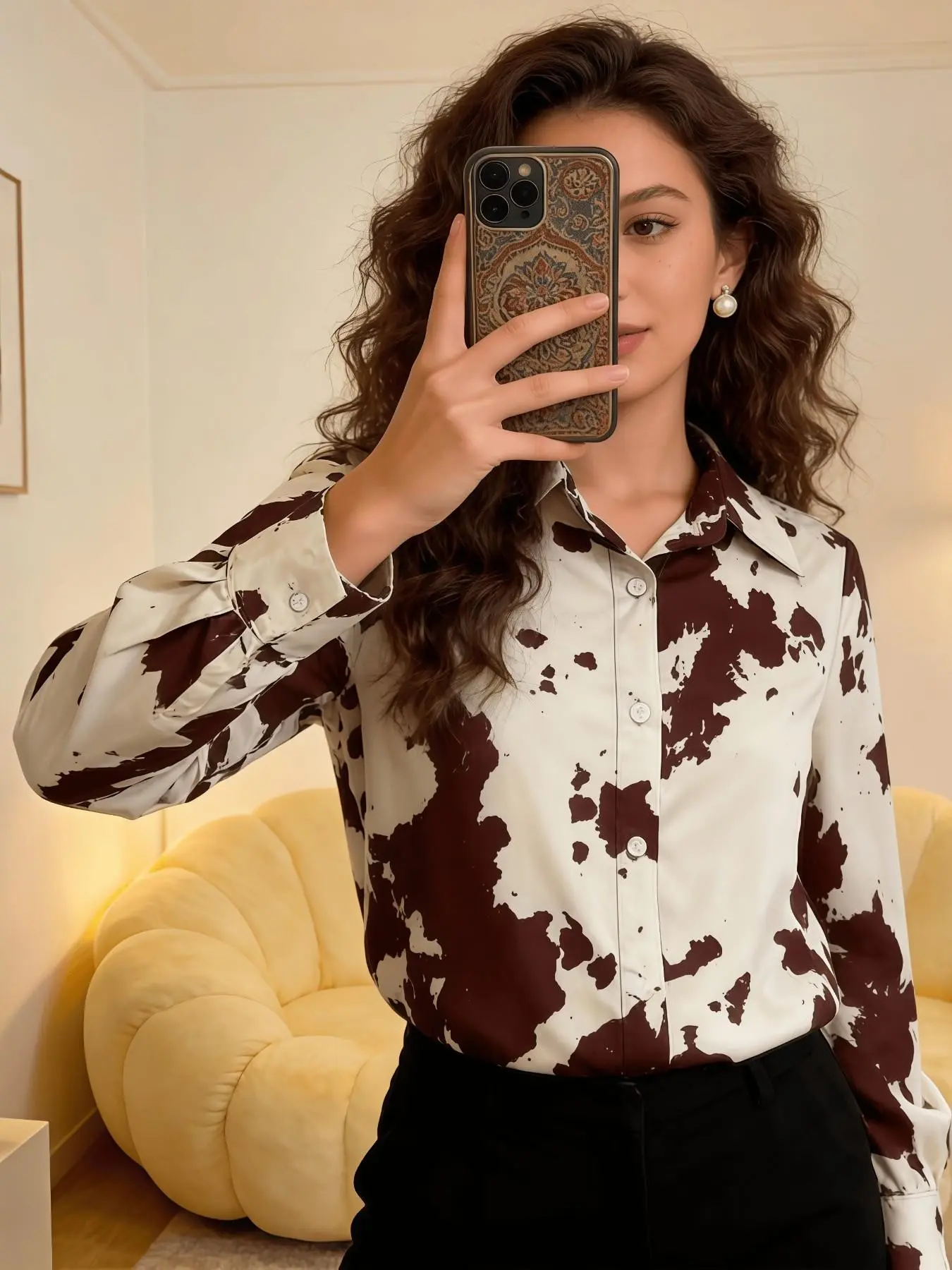 Cow Print Shirt for Women, Western Button Down Blouse, Vintage Y2K Oversized Long Sleeve Top, Casual Streetwear Elegant Blouse for Office Work, Daily Wear, Party & All Season, Casual Style Shirt, Womenswear Vibe