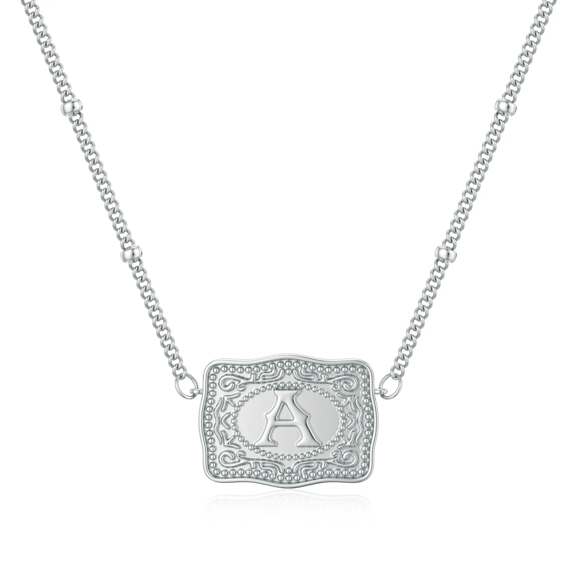 Women's Titanium Steel Rhodium-Coated Initial Letter Pendant Necklace with Embossed Belt Buckle Detail, Dainty Custom Name Necklaces, Dainty Initial Necklaces