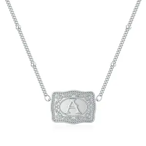 Titanium Steel Rhodium-Plated Initial Letter Pendant Necklace with Embossed Belt Buckle, Personalized Pendant Necklace for Women