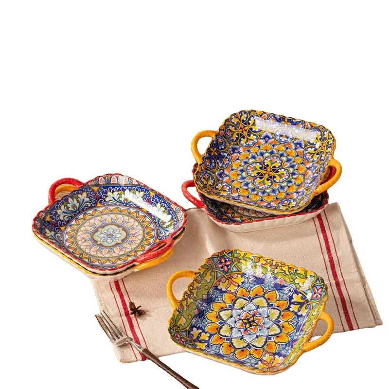 4 pieces 9.25 double ear square ceramic tableware, Ceramic Dinnerware Sets, Bohemian style, retro, anti scald dual ear handle, suitable for theme restaurants, Easter parties, microwave safe, dishwasher safe