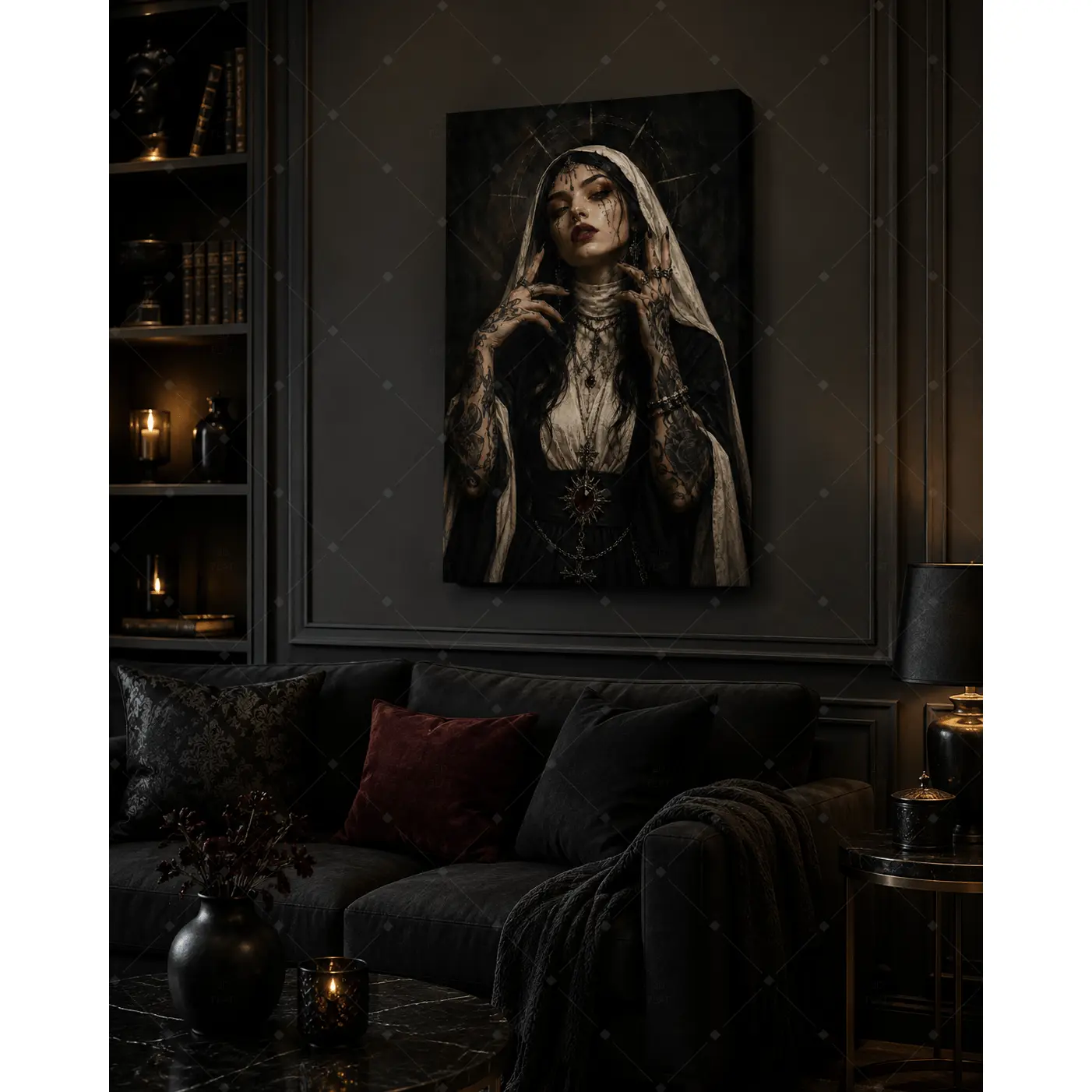 Dark Gothic Nun Canvas Wall Art - Artistic Tattoo Art Print of Mystical Tattooed Priestess, Wood Frame Option, Moody Decoration for Living Room, Unframed Poster or Framed Wrapped Canvas