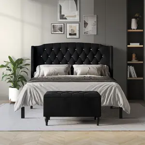 Tyreese 2 Piece Bedroom Bench Set Velvet Wingback Upholstered Bed with Crystal Button-Tufted Headboard & Storage Bench