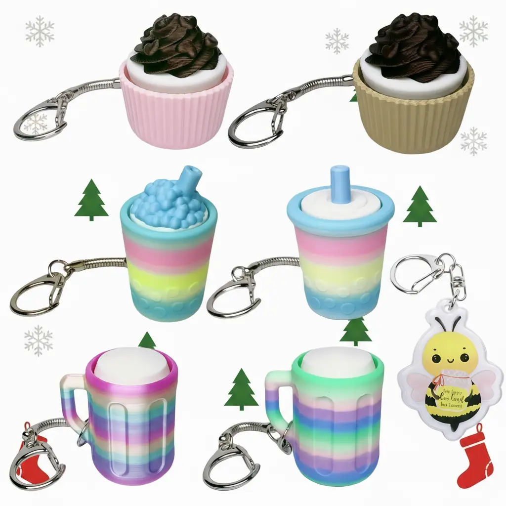2PCS Drink-Themed Mechanical Keyboard Fidget Keychain Set - Cute Bee, Coffee Cup, Dessert Pendants, Premium Material, Lightweight Keychain, Fun Design, Stress Relief Toy, Versatile Accessory, Ideal Birthday Gift