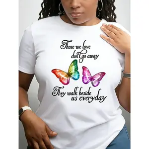 Women's Casual Printed Crew Neck T-Shirt, colorful butterfly pattern with inspirational slogans, butterfly & letter print design, breathable fabric, regular length, ideal for daily wear and outdoor casual style.