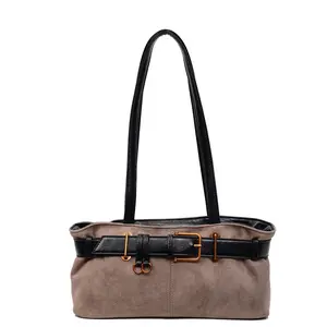 New Women's Vintage-Style Buckle Suede Shoulder Tote Bag — Faux Leather and Suede Patchwork Everyday Handbag — Soft Suede Hobo Shoulder Bag