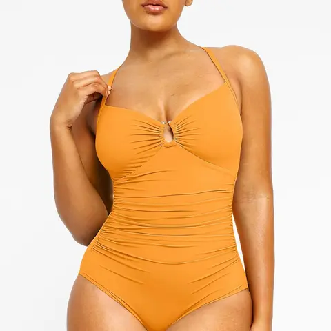 SHAPELLX Women's Smart Sculpt U-Ring Swimsuit with Front Metal Ring & Waist Ruching One Piece Suit for Beach & Pool
