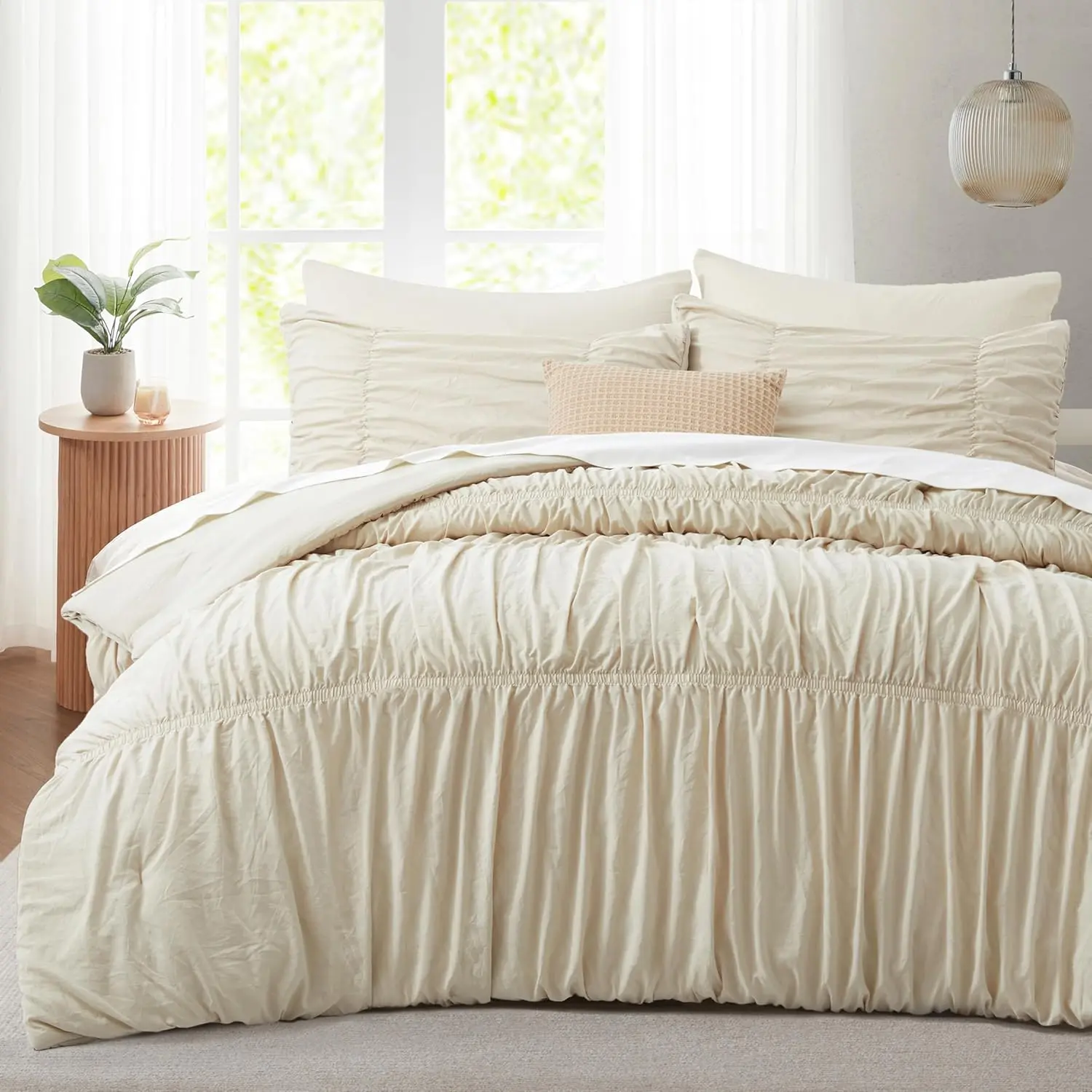 Ruched Comforter Set  Size, 5 count  Comforter with Elastic Design,  Boho Comforter Bedding Sets, Shabby Chic Farmhouse Rustic Style Bedroom Decor for  Seasons - Beige