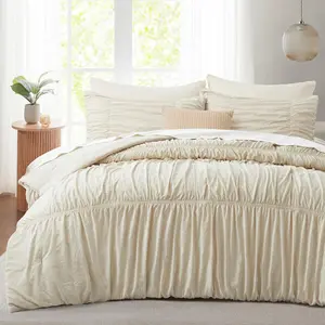 Ruched Comforter Set  Size, 5 count  Comforter with Elastic Design,  Boho Comforter Bedding Sets, Shabby Chic Farmhouse Rustic Style Bedroom Decor for  Seasons - Beige