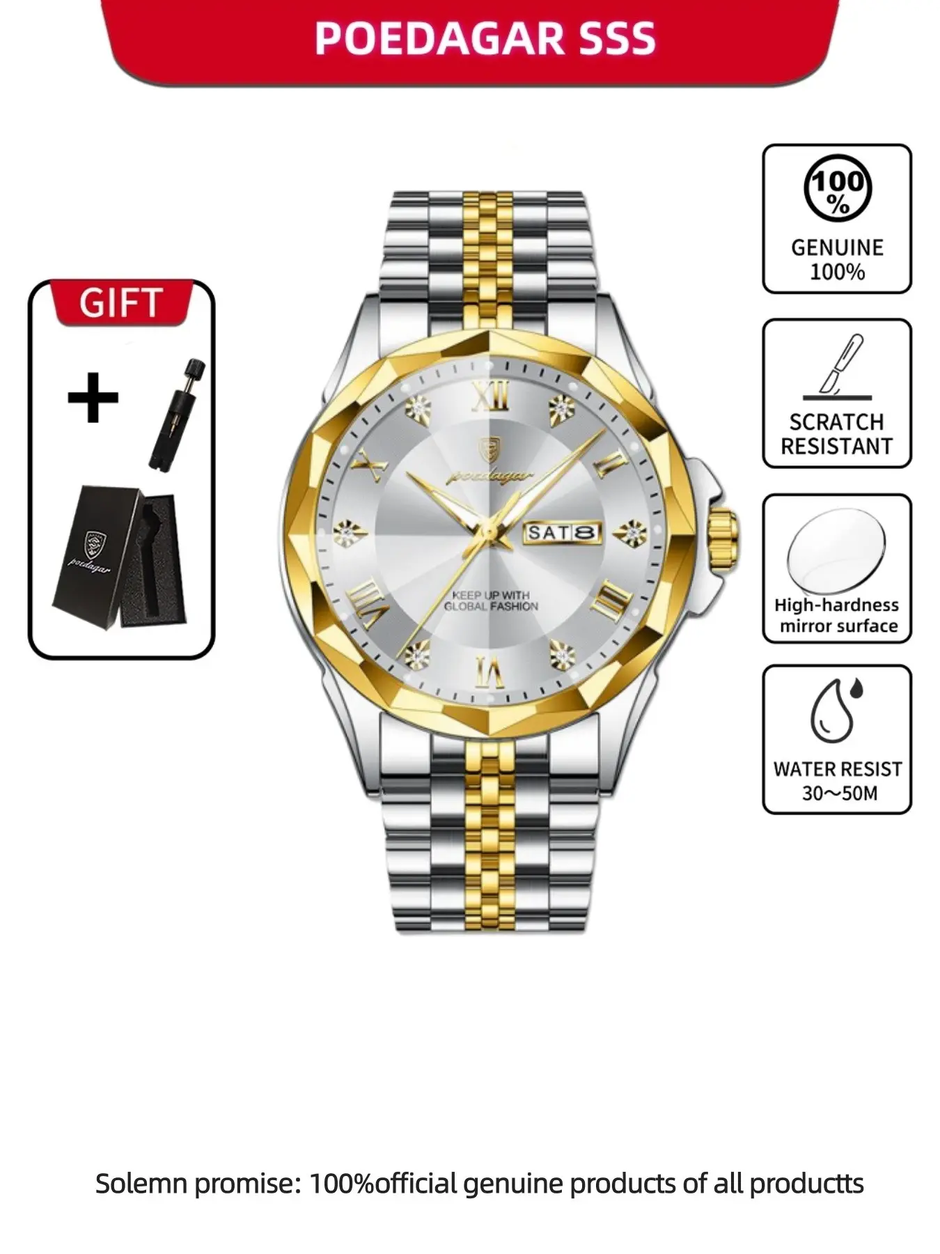 POEDAGAR casual business fashion men's watch waterproof night light date calendar stainless steel quartz, Fashionable waterproof watch, the best gift for boyfriends