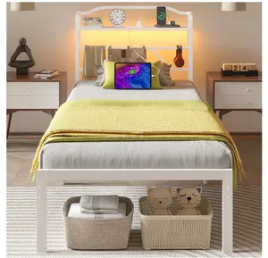 Twin Size LED Bed Frame with Storage Headboard & Charging Station, Metal Platform Bed, White