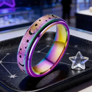 Women’s Iridescent Titanium Steel Star & Moon Rotating Ring| Hollow Decompression Anti-Anxiety Jewelry| Fashion Adjustable Finger Ring