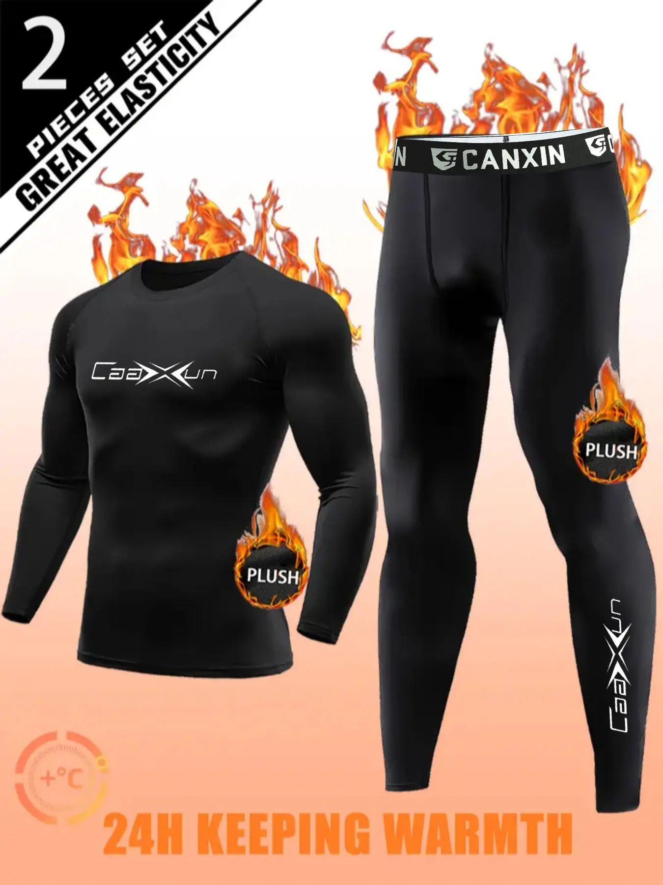 2PCS Men's Thermal Track & Field Base Layer Set – Black Compression Underwear with Bull Logo | Warm Retention Sport Activewear for Skiing, Running, Hiking, and Outdoor Winter Sportswear