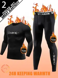 2PCS Men's Thermal Track & Field Base Layer Set – Black Compression Underwear with Bull Logo | Warm Retention Sport Activewear for Skiing, Running, Hiking, and Outdoor Winter Sportswear