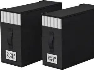 2-Pack Bed Sheet Set Organizer and Storage | Collapsible Bedding Storage Box for Closet | Heavy Duty Sheet Folders with Handle & Clear Windows | Fits Queen & King Duvet Covers | Linen Closet Organization (Black)