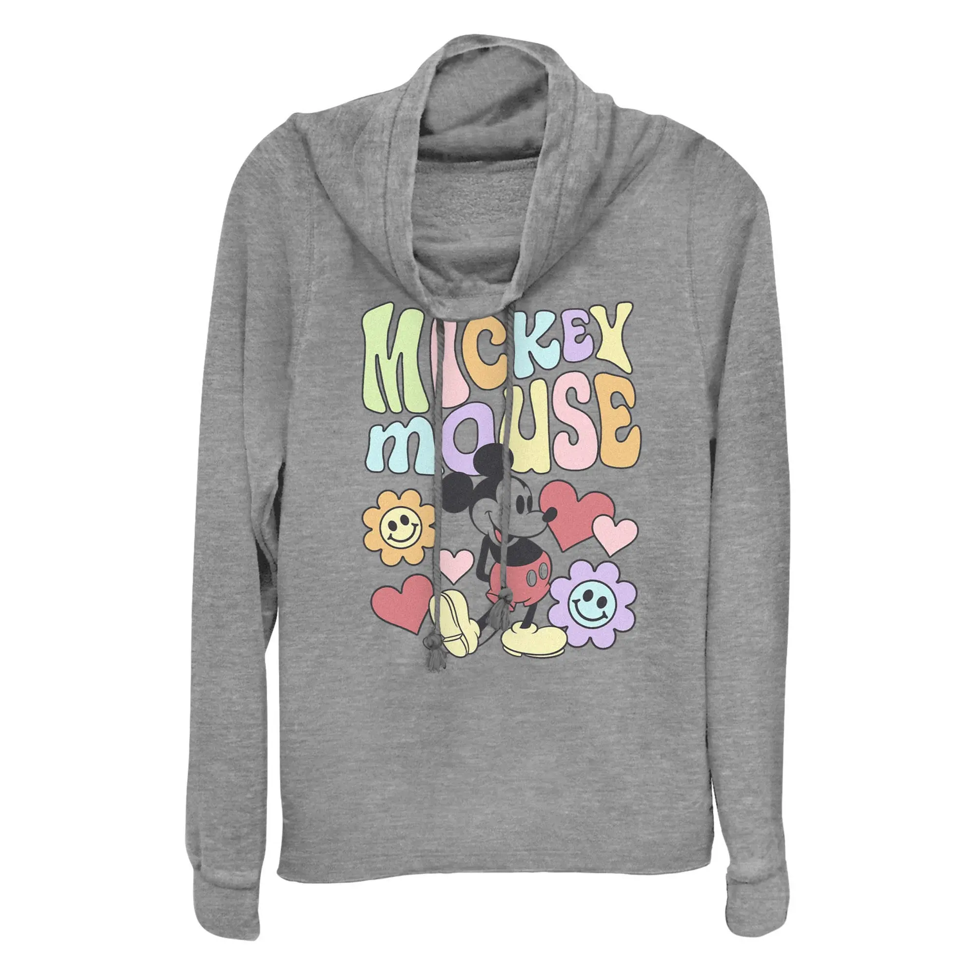 Junior's Mickey & Friends Groovy Hearts and Smilies Logo Cowl Neck Sweatshirt