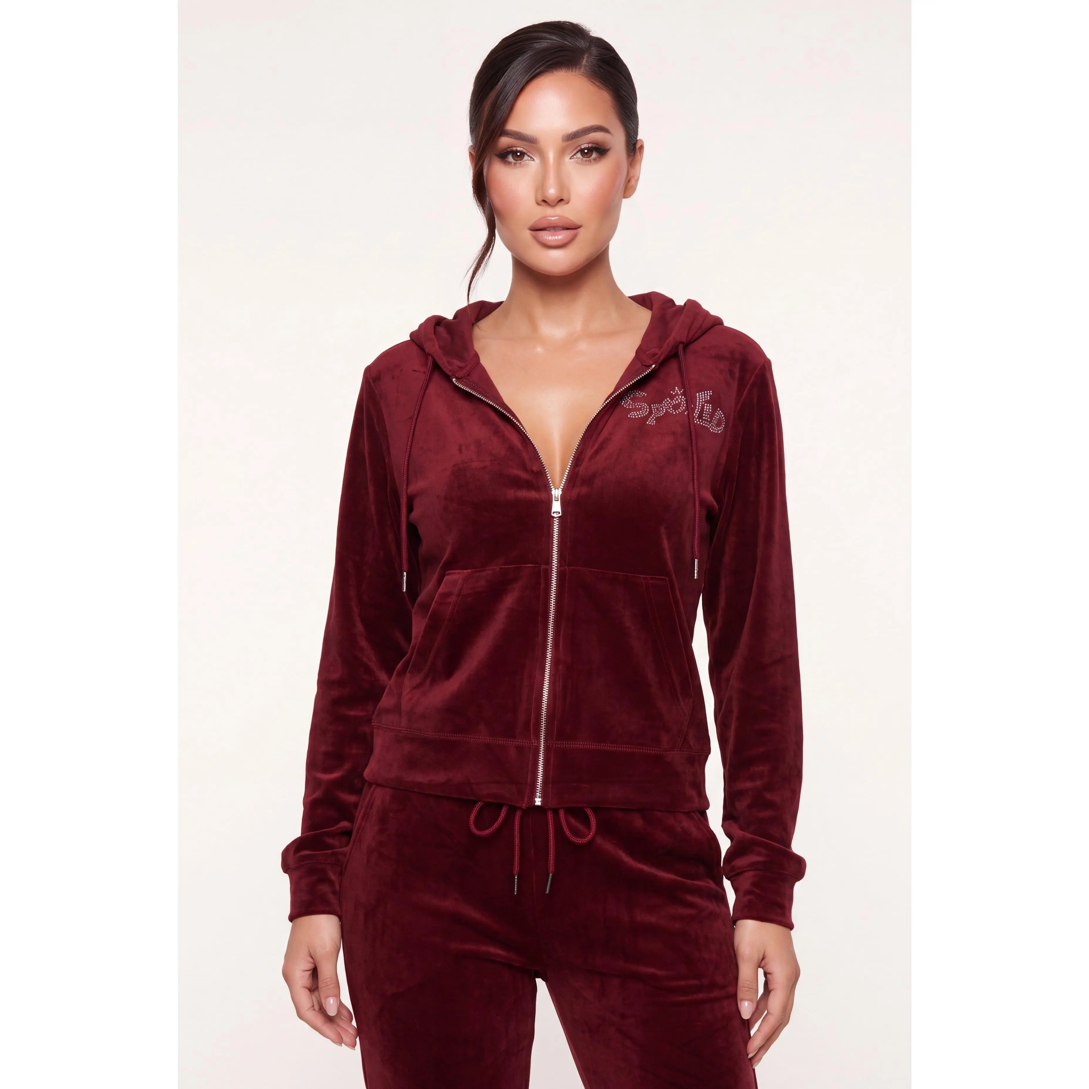 Rhinestone Spoiled Graphic Velour Zip Front Hoodie