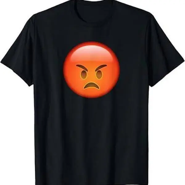 Angry Emoji T-Shirt - Black Crew Neck Short Sleeve Top with Bold Orange Emoji Design for Men