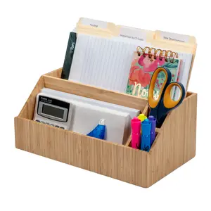 Bamboo Desk Organizer & Charging Station - All-In-One Office Storage Caddy for Tablets, Stationery, and Makeup