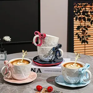 Elegant Pearl Glazed Coffee Cup Set with Saucer, Bowknot Design Ceramic Mug, Smooth Easy Clean, Creative Dessert Plate, Perfect Gift