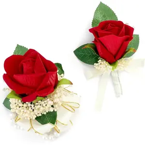 2 Sets Red Silk Prom & Wedding Party Suit Decor-Wristlet Corsage for Women and Boutonniere for Men with Double Pearl Design