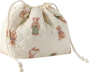 Cotton Quilted Drawstring Makeup Bag with Canvas Lining, Aesthetic Cute Travel Toiletry Bag,Drawstring  Bag for Women and Girls04White Bear