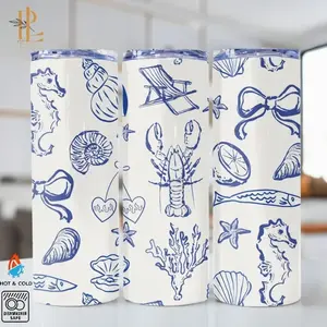 Coastal Summer Tumbler, Beach Aesthetic Cup, Mermaid Tumbler Hand Drawn Seashells 20oz Skinny Tumbler White Blue Nautical Travel Mug