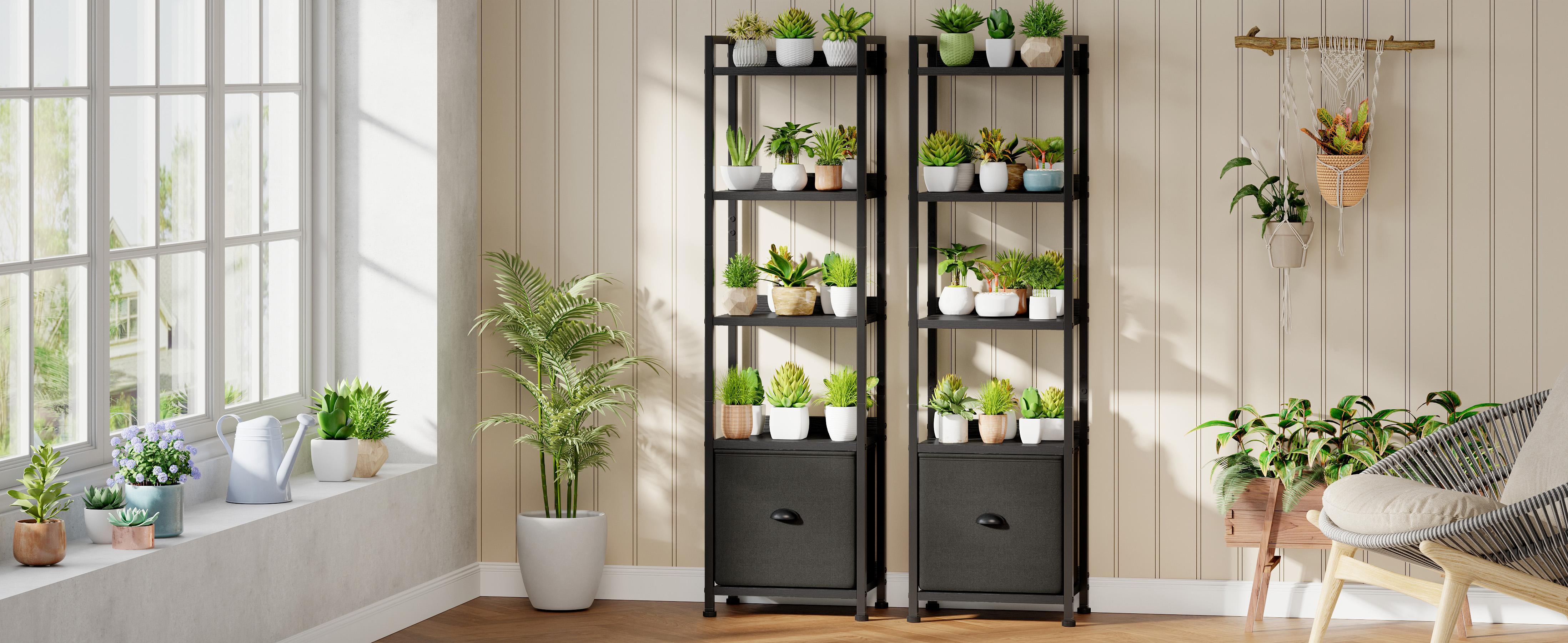 Slim Bookshelf with Fabric Drawer, Tall Narrow Wood & Metal Storage Shelf Unit, Space Saving Bookcase for Living Room, Bedroom, Office