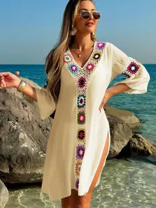 Women's V-Neck 3/4 Sleeve Crochet Floral Cover Up Dress - Beach Essential