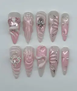 Elegant Princess Pink Press On Nails – 3D Chrome Waves, Rhinestone Charms & Star Accents, Luxury Glazed Donut Long Nail Set