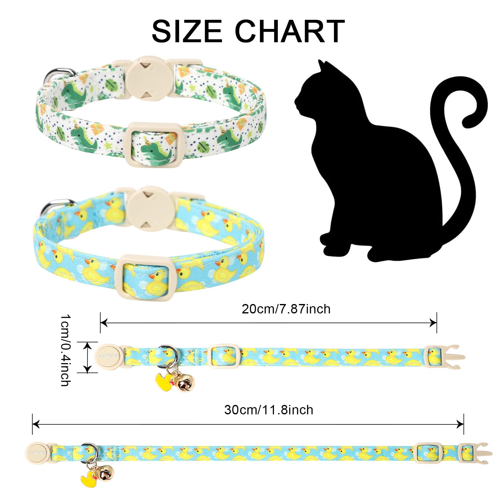 DOGWONG 2 Pack Summer Breakaway Cat Collars with Bell, Adjustable Duck & Dinosaur Print Accessory - Safety Soft Pet Collar for Girl Boy Cats