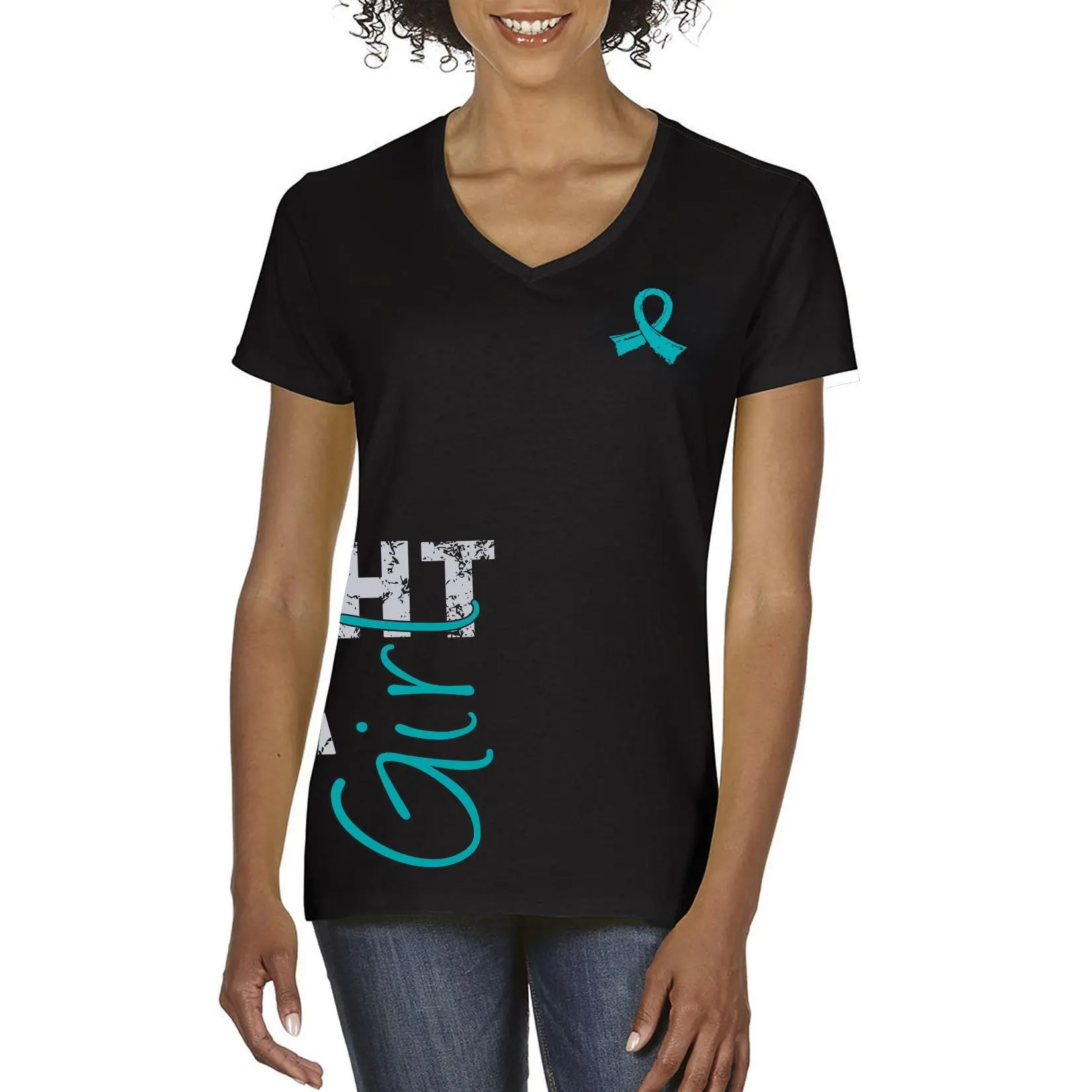 Fight Like a Girl Side Wrap Women's V-Neck T-Shirt - Black w/ Teal