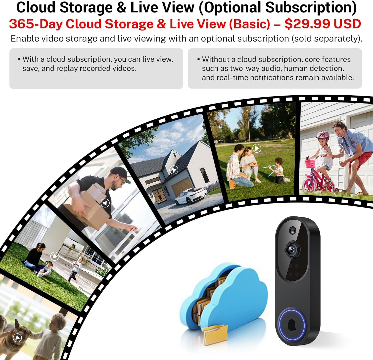 1080p Wireless Wi-Fi Video Doorbell Camera with Two Way Audio, Night Vision, Cloud Storage, Smart AI Motion Detection, Support 2.4GHz Wi-Fi only 1080p Wireless Wi-Fi Video Doorbell Camera with Two Way Audio, Night Vision, Cloud Storage, Smart AI Motion Detection, Support 2.4GHz Wi-Fi only