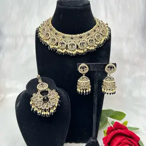 Desi Beautiful Gold Tone Necklace With Jhumka And Tikka Set for Festive Wear Bridal Wedding