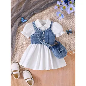 Three-Piece Baby Girl Set: Denim Short Vest Jacket + Plain Notched Neck Bubble Short-Sleeve Belted Dress + Bow-Decorated Denim Crossbody Bag, for Outdoor