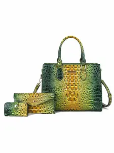 3pcs Green Yellow Gradient Crocodile Embossed Handbag Set for Women, Glossy Tote Bag + Crossbody Purse + Card Holder for Work & Daily