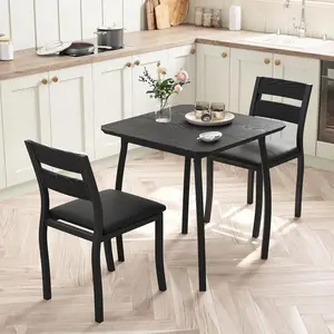 Dining Table Set for 2, 3 Piece Small Kitchen Table and 2 Upholstered Chairs with Metal Frame for Small Space, Apartment, Kitchen, Dining Room, Black