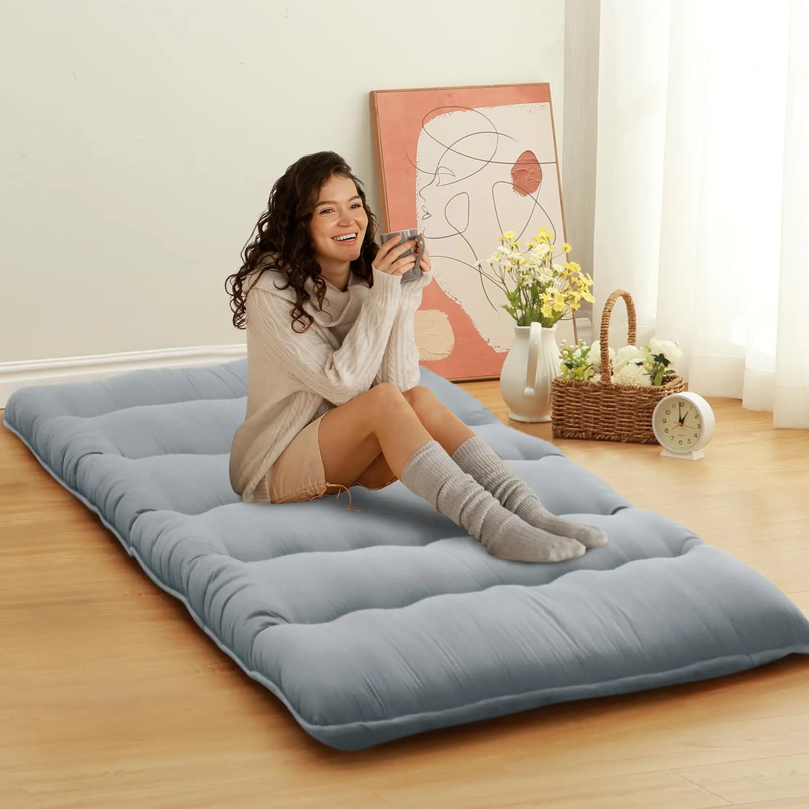 Garvee Japanese Futon Mattress for Adults, Sleeping Mattress for Floor Japanese Futon Floor Mat Twin Size, Tatami Mat, Roll Up Camping Mattress Pad, Wave Grey