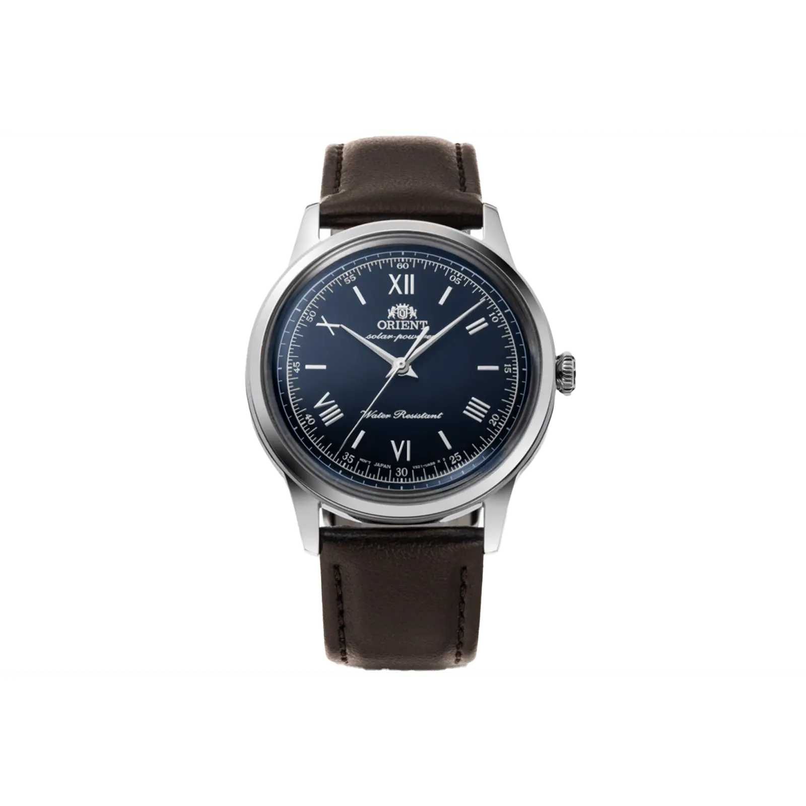 Orient Bambino Solar Unisex Fashion Watch - 38.4mm Stainless Steel Case, Navy Blue Domed Mineral Glass Dial, Plant Based Leather Strap, Solar Quartz Movement, Push-Pull Crown, Buckle Closure, 30M-50M Water Resistant Casual Wristwatch for Women & Men