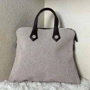 Pre-owned HERMÈS Canvas Top Handle Bag Hermes Sac Heebo PM Cream with Palladium Plated Hardware & Swift Leather Trim 4.5" Handle Drop 12.5" Height Excellent Condition