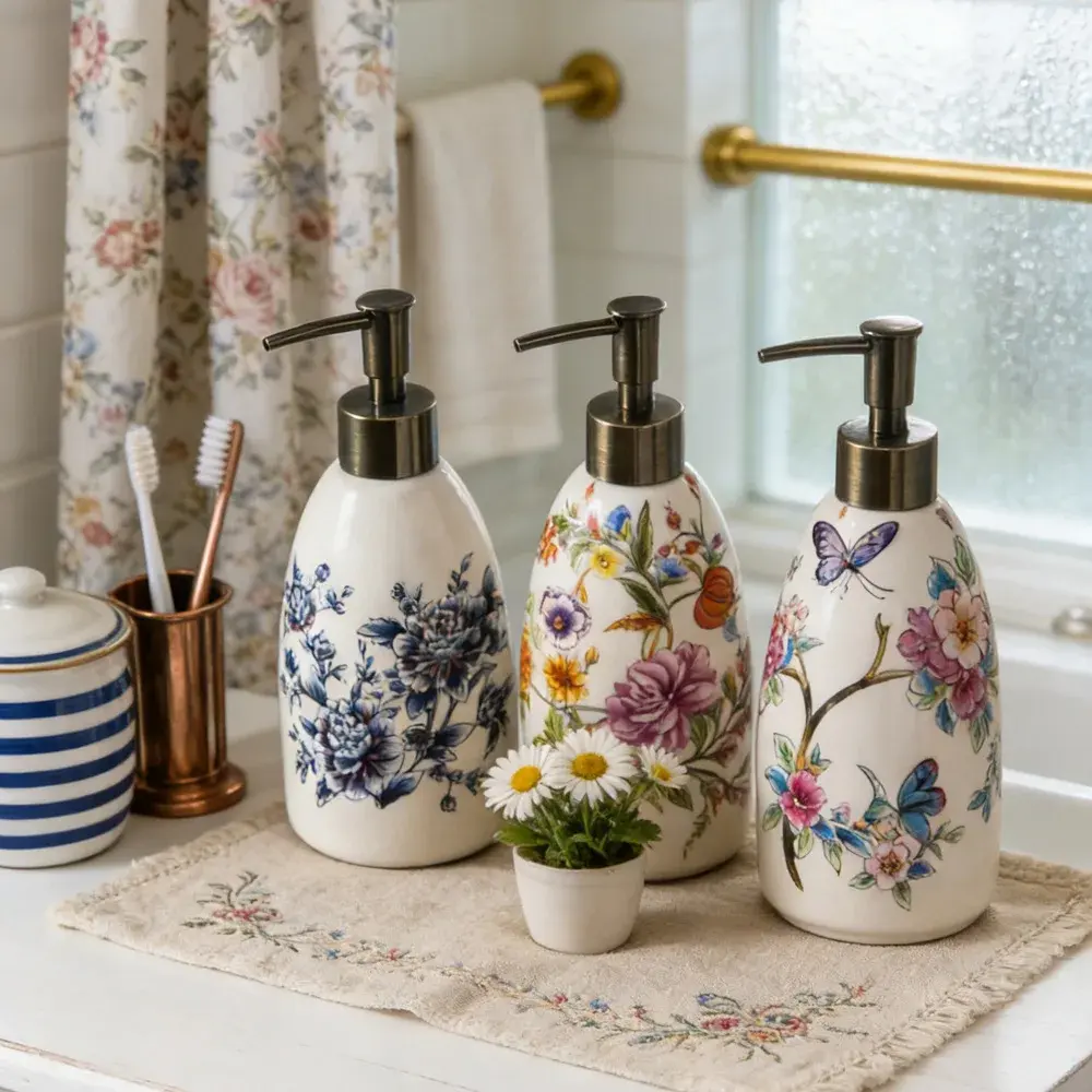 Vintage Floral Ceramic Soap Dispenser – Decorative Refillable Liquid Hand Soap Pump for Bathroom Vanity Kitchen Farmhouse Decor 350ml